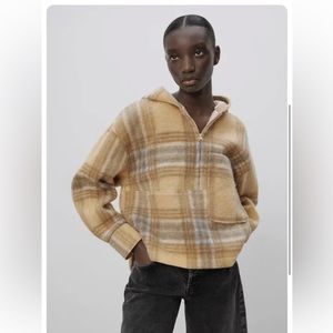 NWOT ZARA WOOL BLEND PLAID 1/4 ZIP PULLOVER HOODIE JACKET SZ M
